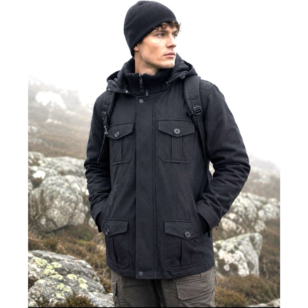 NWT Blk Alpine Swiss Wool Hooded Rmvbl Ful Zip Snap 4 Pckt Gorpcore Coat Quilted